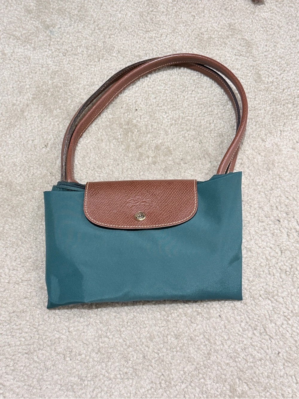 Longchamp Teal Nylon Shoulder Bag with Brown Leather Trim
